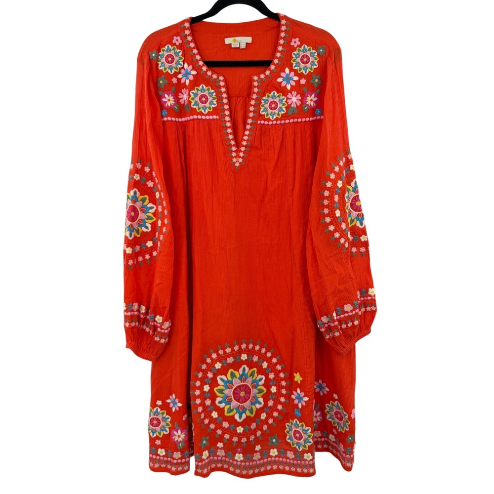 Boden Coral Orange Embroidered Floral Long Sleeve V-Neck Shift Dress Size 14R